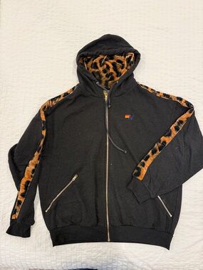 Aviator Nation Black Zip-Up Hoodie with Leopard Trim